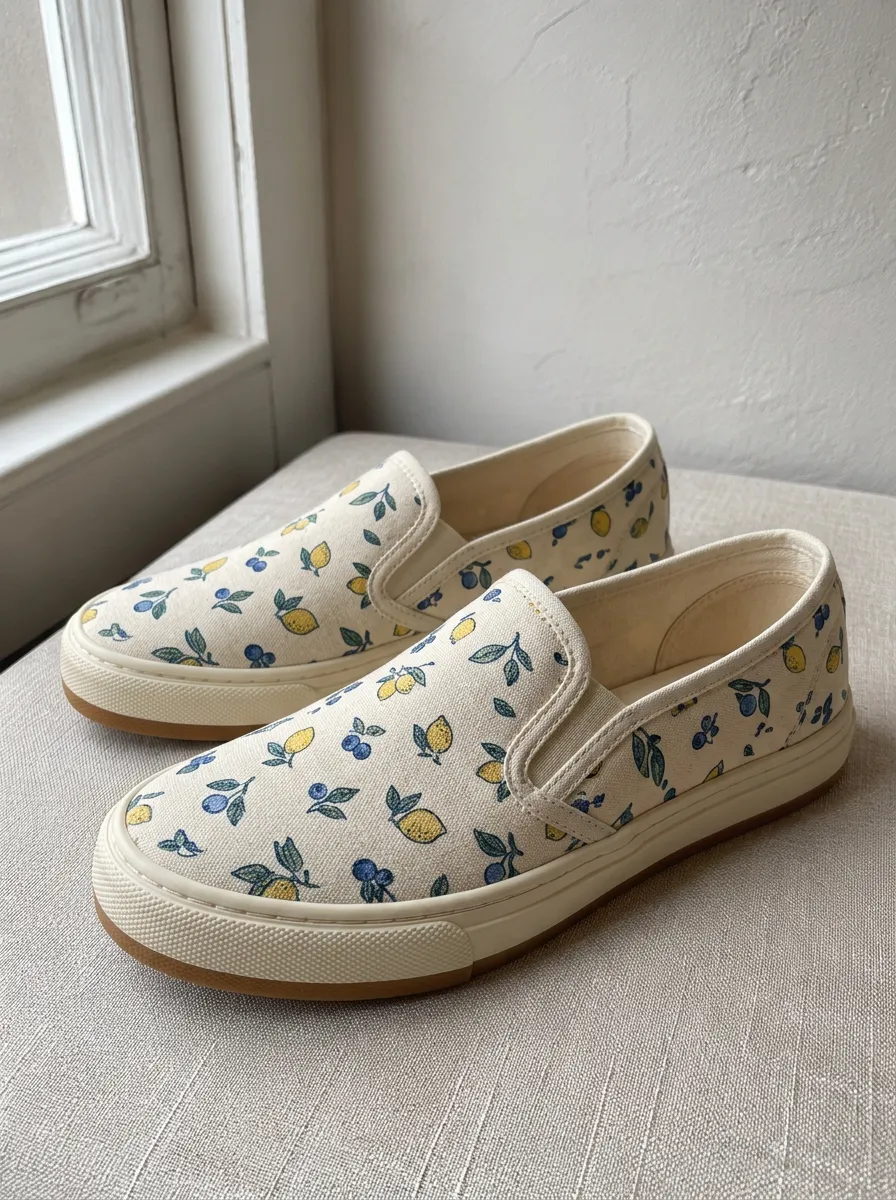 Women's Refined Lemon and Blueberry Fruit Pattern Patterned Slip-on Canvas Shoes