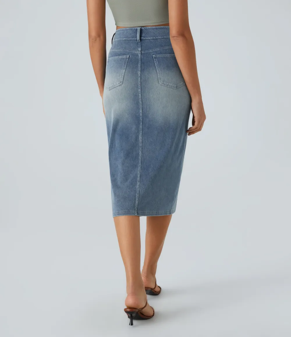 Magic High Waisted Multiple Pockets Bodycon Split Washed Stretchy Knit Denim Casual Midi Skirt