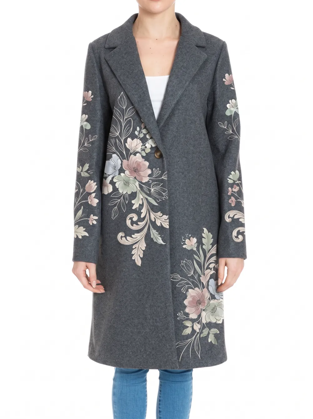 Women's Floral Botanical Grey Printed Wool Coat