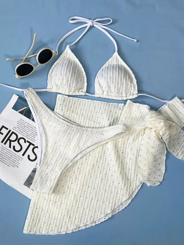 Lace Up Textured Layered Bikini Swim Set