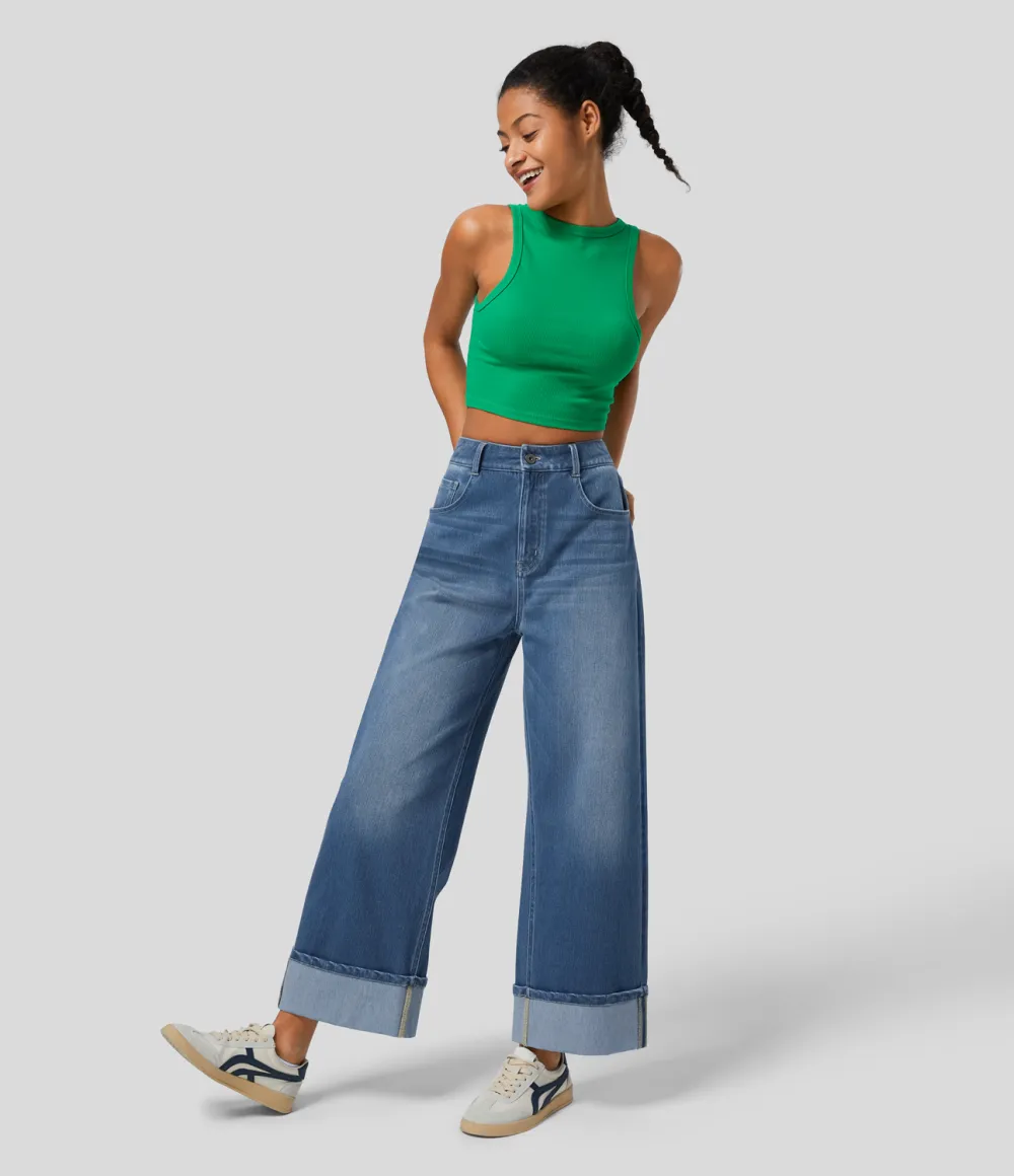 Magic High Waisted Multiple Pockets Rolled Hem Wide Leg Washed Stretchy Knit Casual Jeans