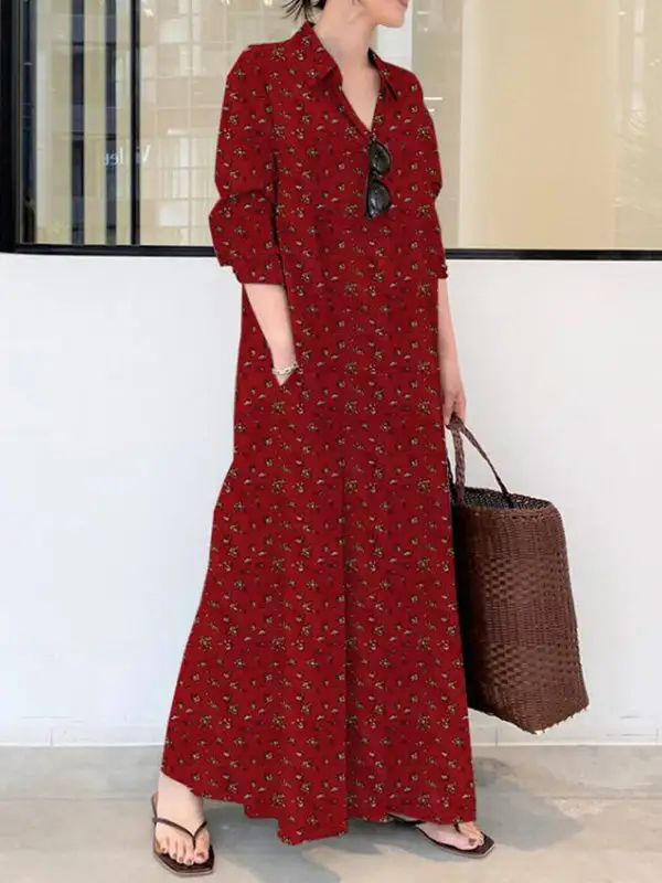Printed Long Sleeve Shirt Maxi Dress
