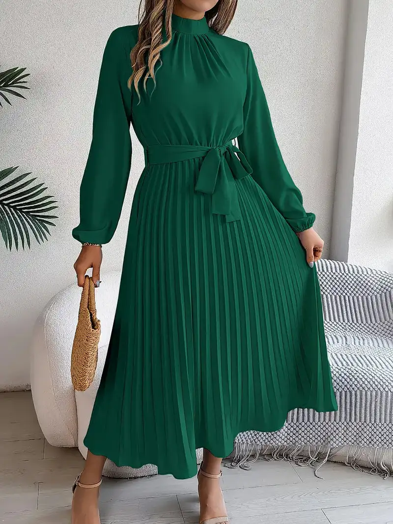  Long Sleeve Pleated Midi Dress