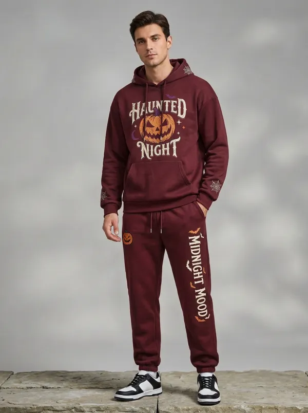 Men's Halloween Black Haunted Night Pumpkin Spiderweb-Sleeve Hoodie Jogger Set