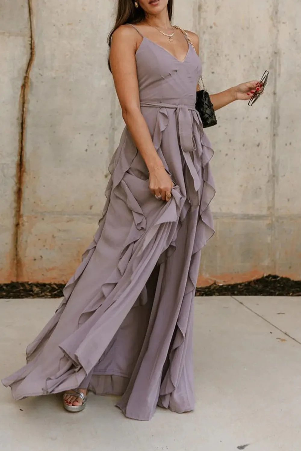 Ruffle Detail Tied Waist Maxi Dress