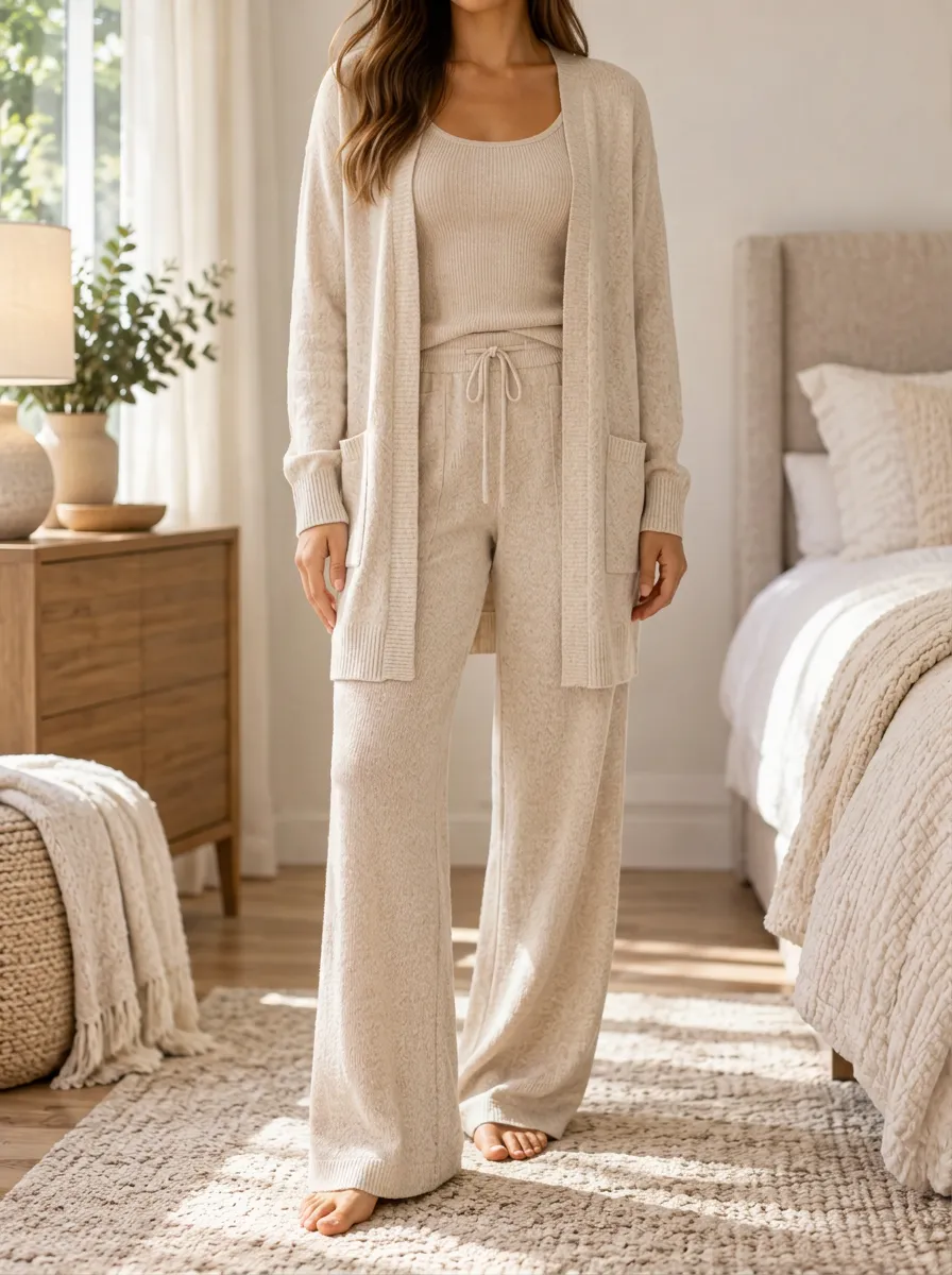 Women's Comfort Focused Knit Cardigan And Pants With Tank Top Three Piece Outfit