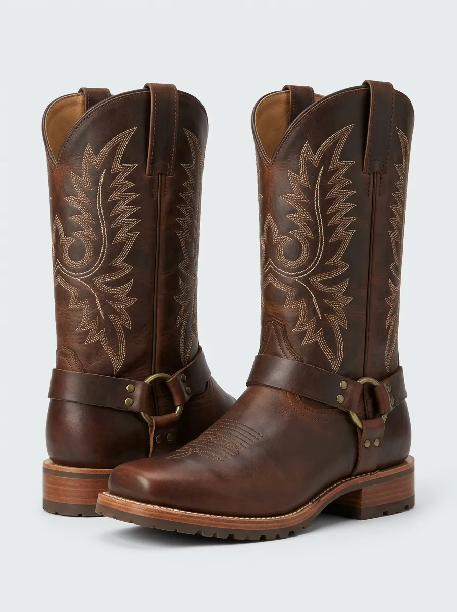 Men's Heritage Western Embroidered Harness Brown Leather Boots