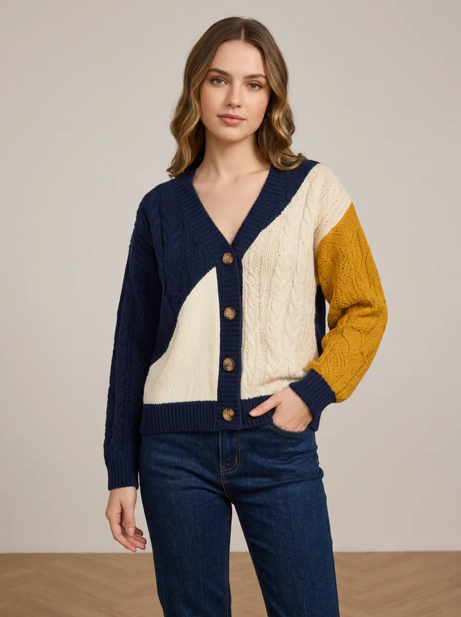 Women's Color-Block Cable Knit Cardigan