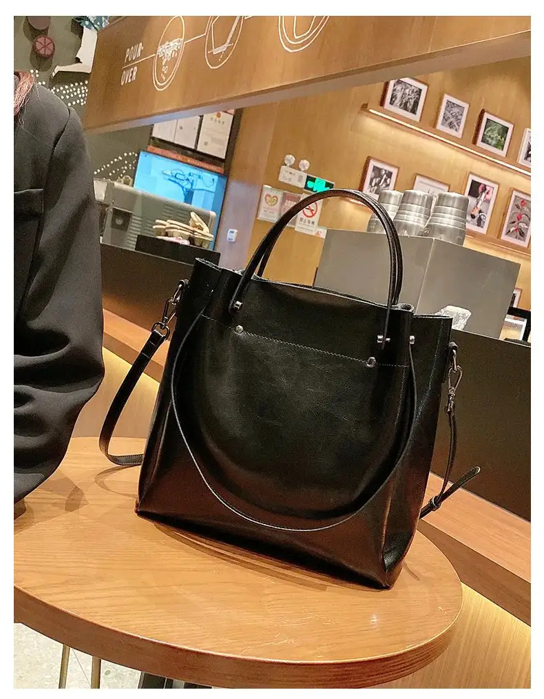 Genuine Cow Leather Bucket-Style Tote Minimalist