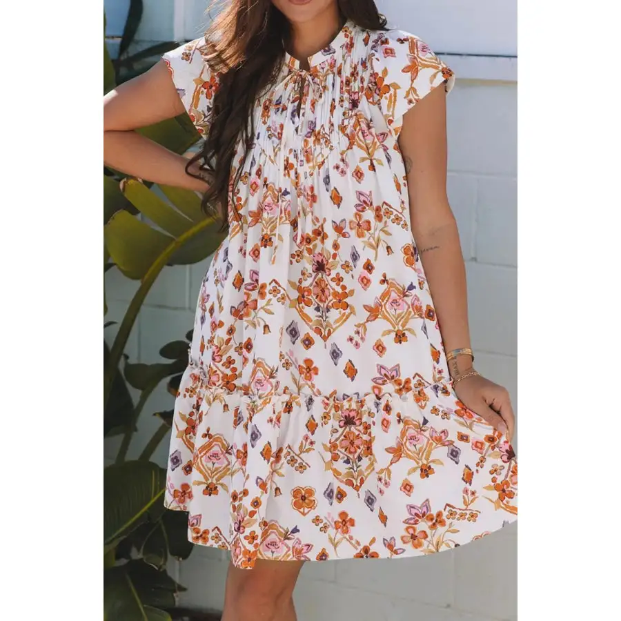 Tie Neck Cap Sleeve Mini Dress