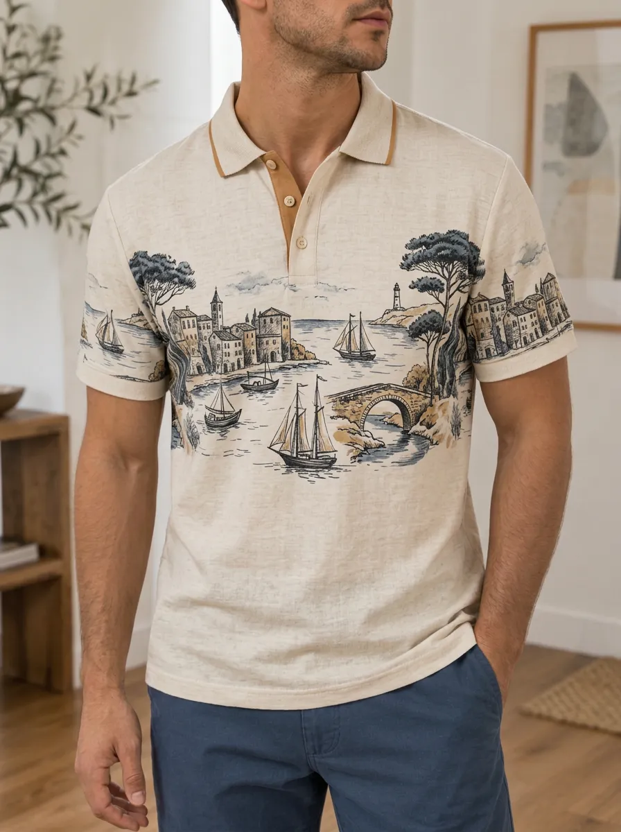 Men's Coastal Village Sailboat Landscape Printed Polo Shirt