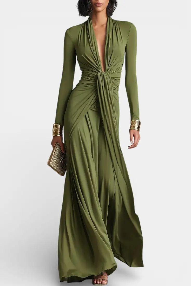 Pleated Satin Maxi Dress