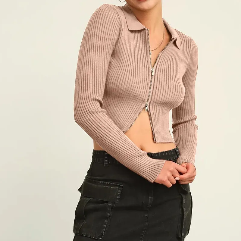 Cropped Ribbed Knit Cardigan