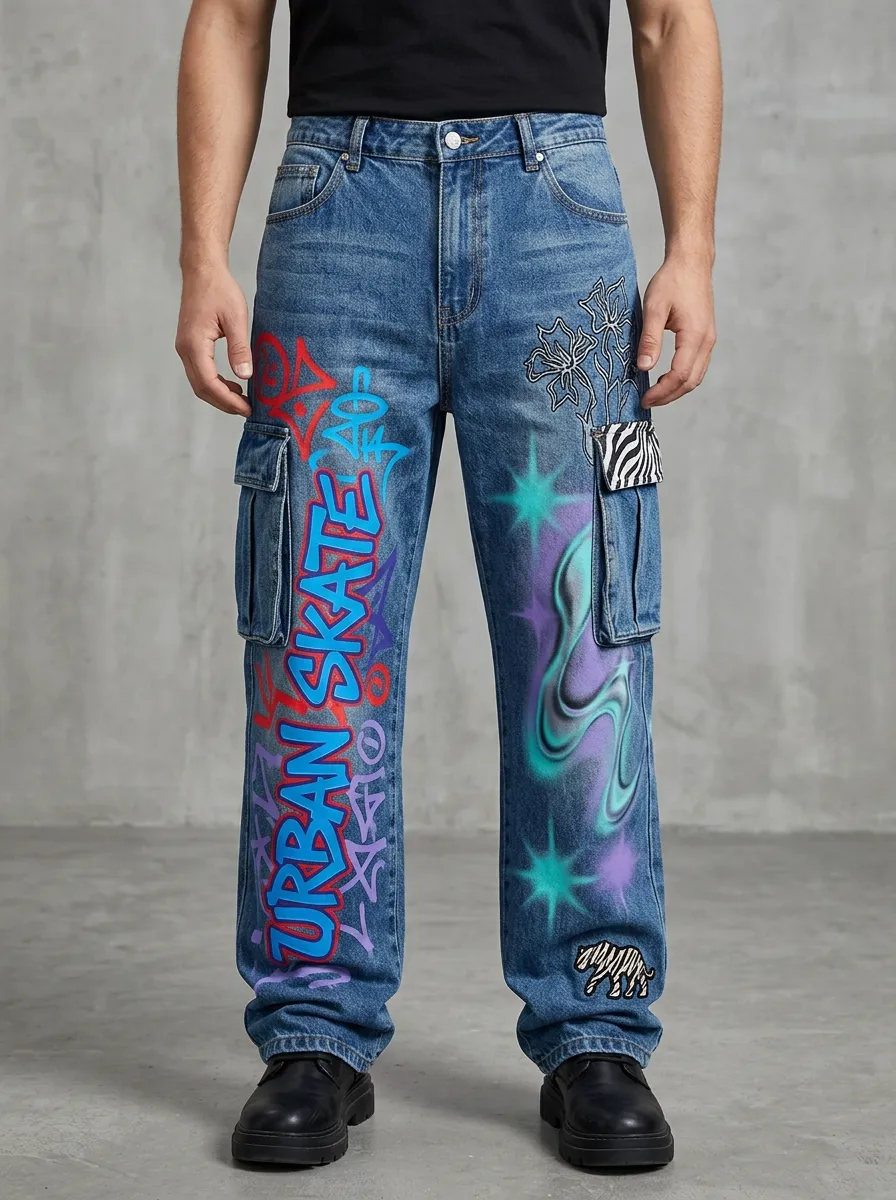 Men's Streetwear Urban Skate Graffiti Zebra Graphic Cargo Jeans