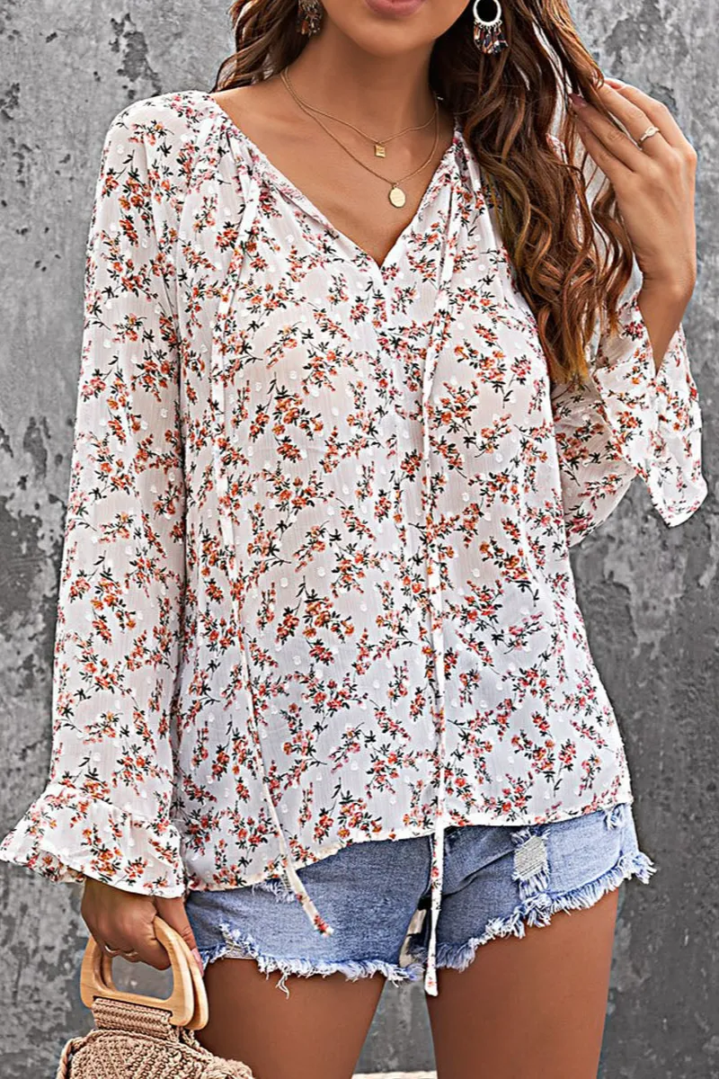 Floral Print Drawstring Long Bell Sleeve Blouse