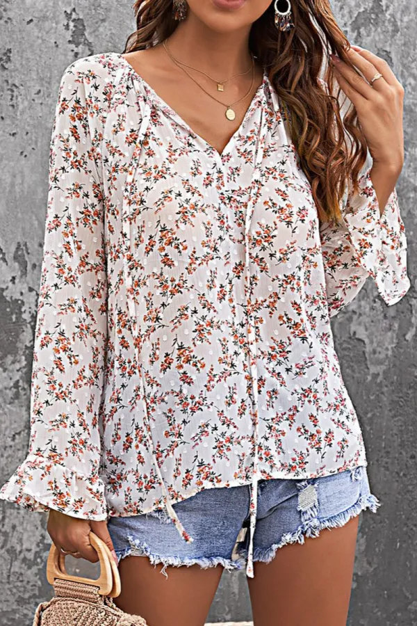Floral Print Drawstring Long Bell Sleeve Blouse