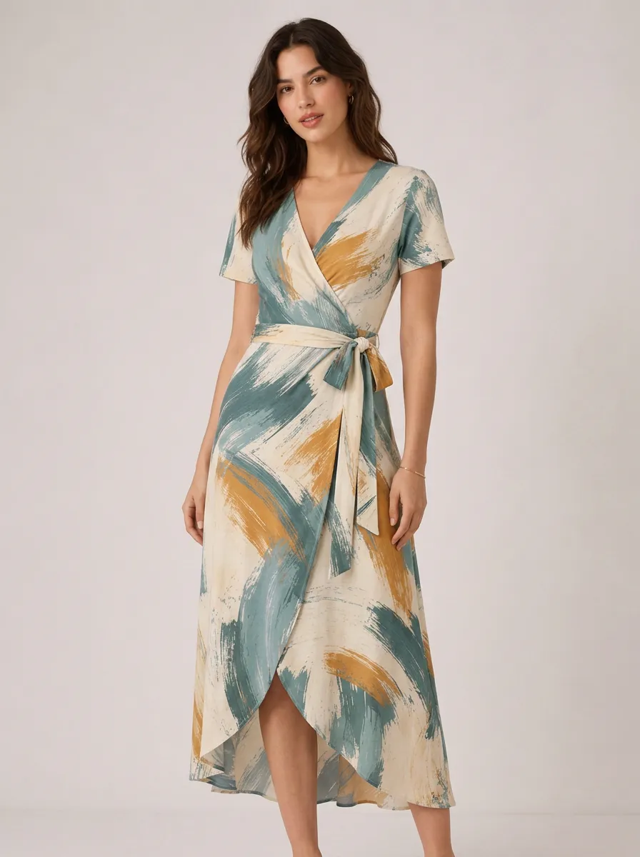 Women's Abstract Brushstroke Teal Mustard Printed Wrap Dress