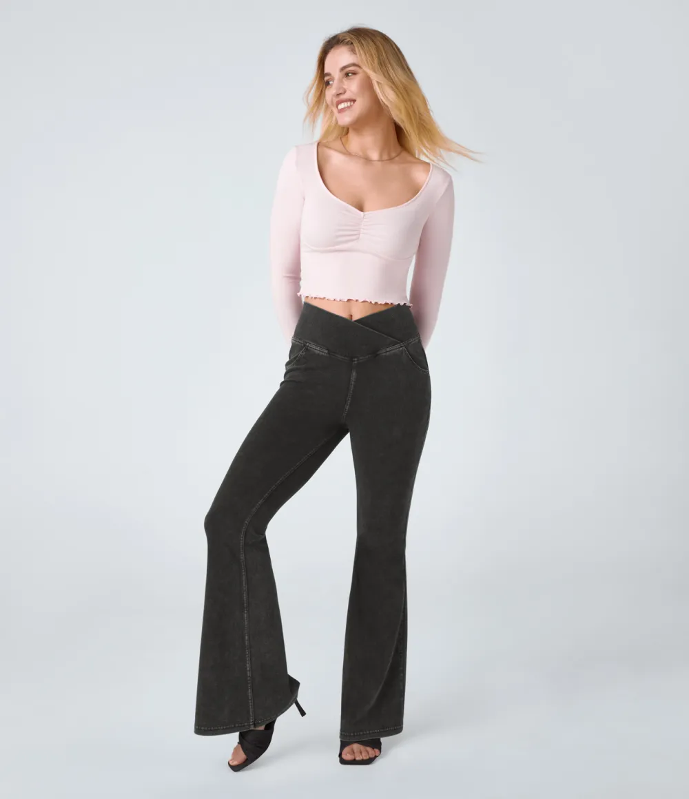 Magic High Waisted Crossover Pocket Cool Touch Washed Stretchy Knit Casual Super Flare Jeans