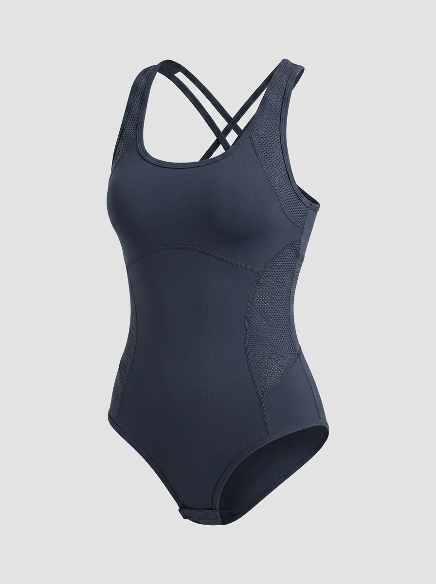 Women's Athletic Cross-Back Mesh Panel Bodysuit