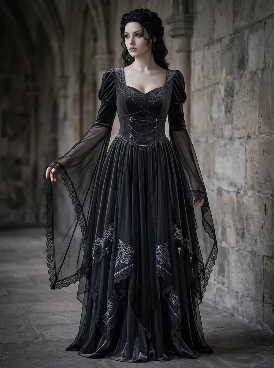 Dark Romantic Victorian Lace Velvet Darkwear Style Women's Gothic Dress