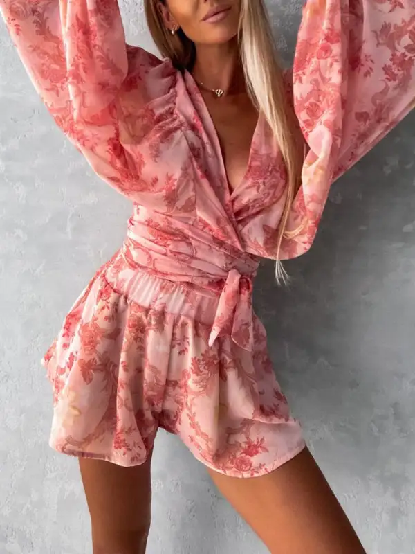 Woven Floral Long Sleeved V Neck Shorts