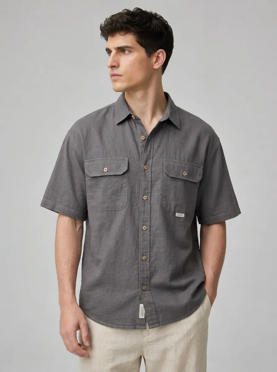 Men's Casual Breathable Grey Linen Blend Button Down Shirt