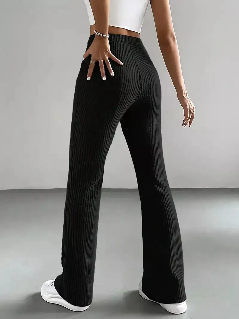 Classic Ribbed Knit High Waist Flare Pants