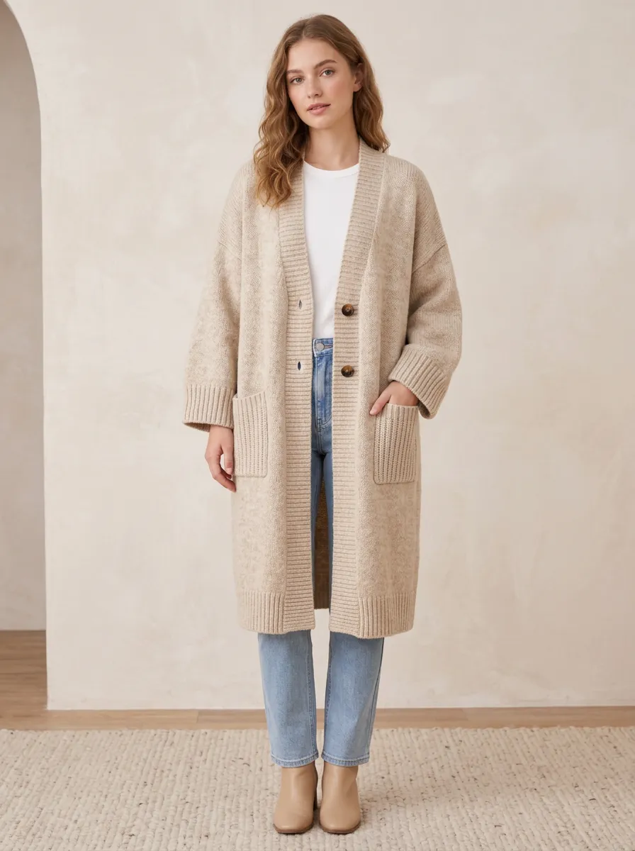 Women's Casual Beige Knit Button-Down Long Cardigan