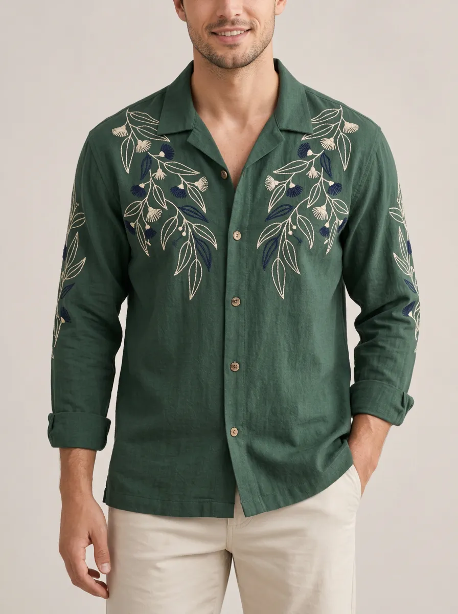 Men's Botanical Embroidered Refined Long Sleeve Shirt