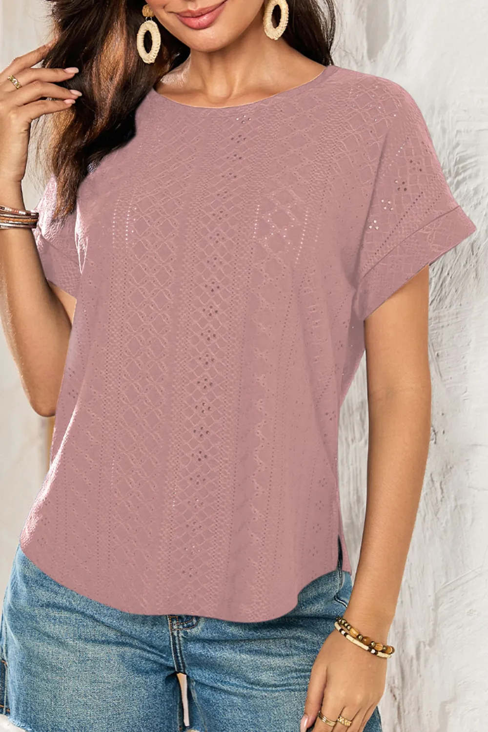 Rose Tan Eyelet Jacquard Cuffed Top