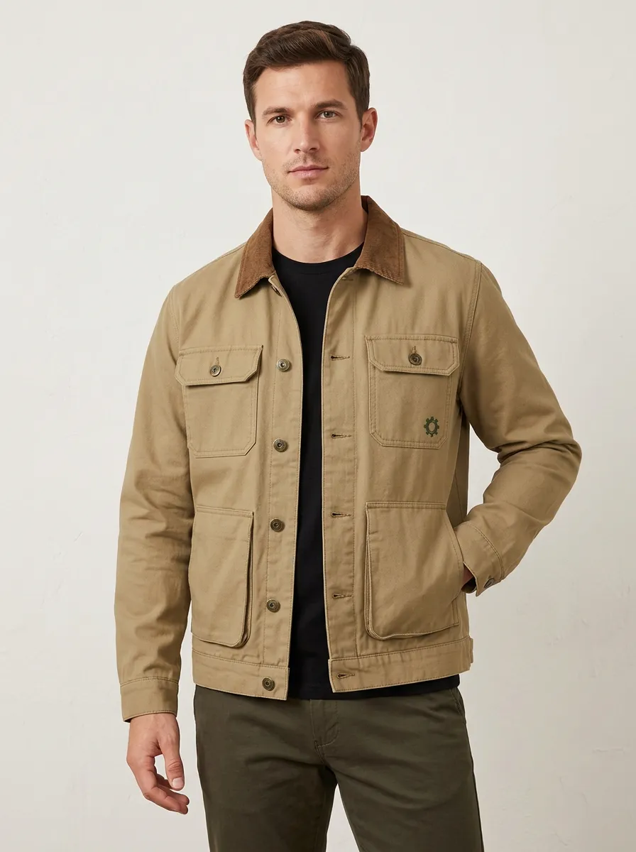 Men's Casual Outdoor Gear Logo Printed Canvas Jacket