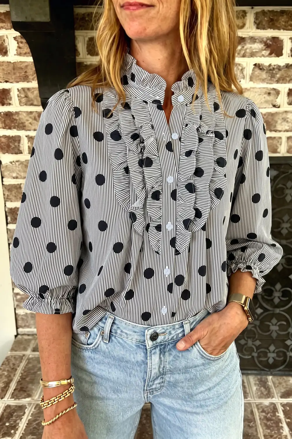 Women's Striped Polka Dot Three Quarter Sleeve Blouse