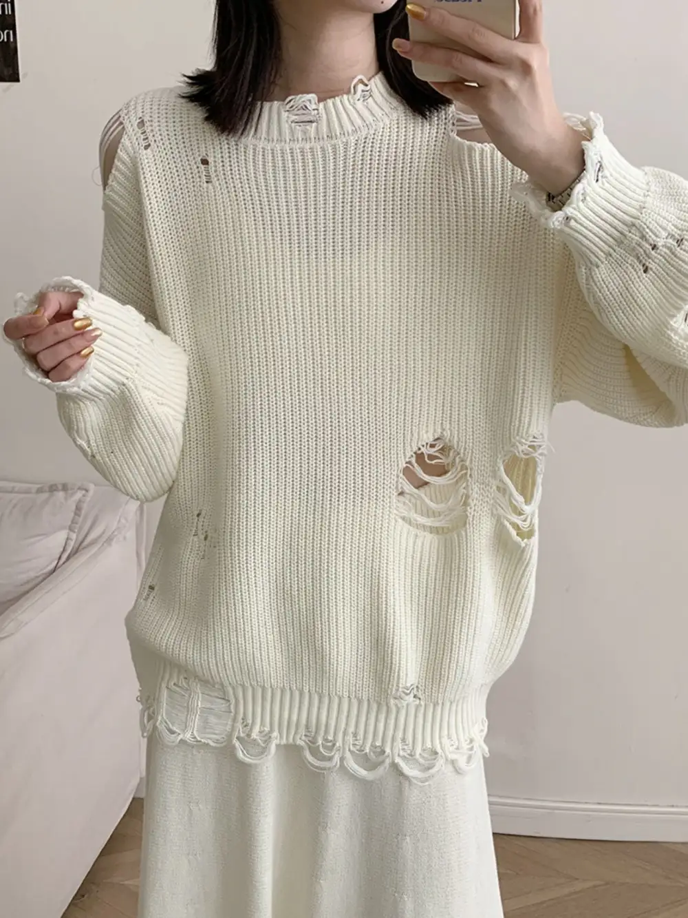 Distressed Long Sleeve Sweater and Skirt Set
