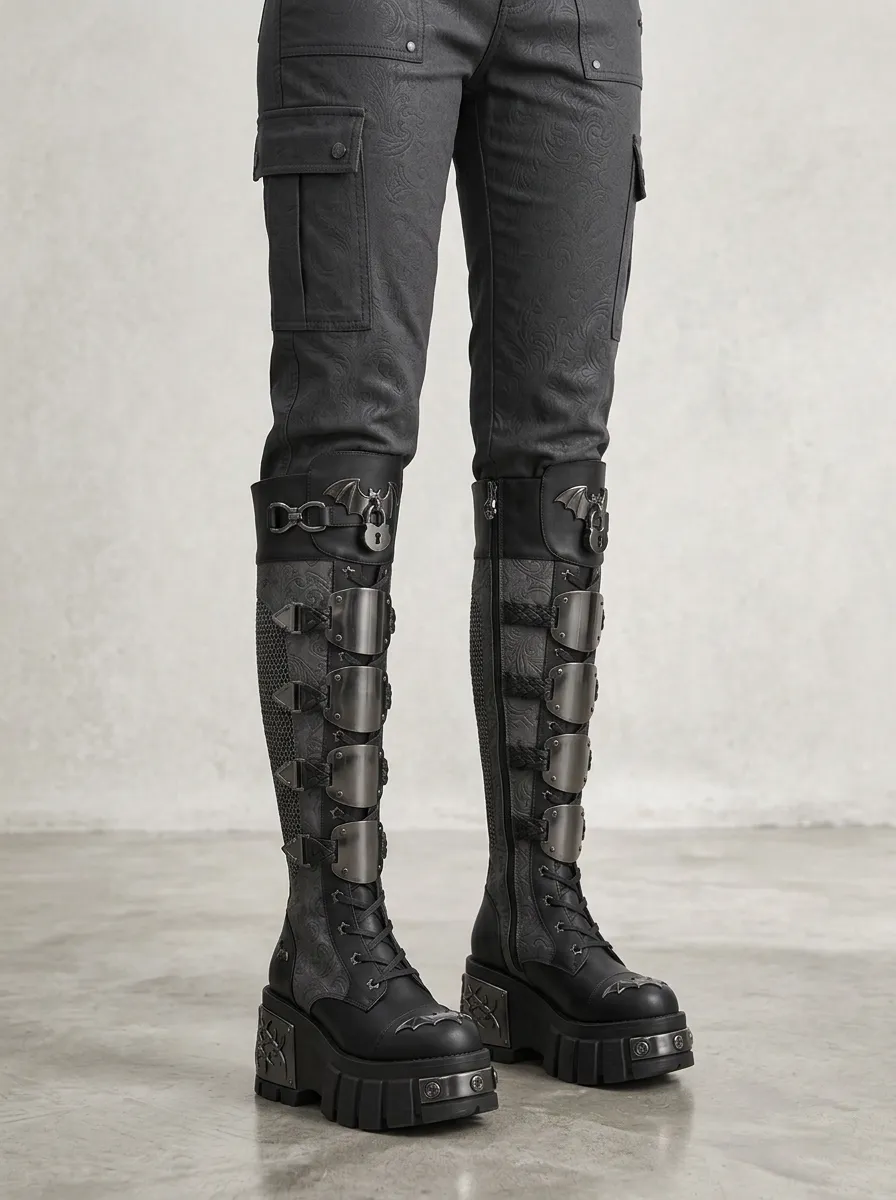 Ritual-Inspired Bat Embossed Design Women's Gothic Platform Boots