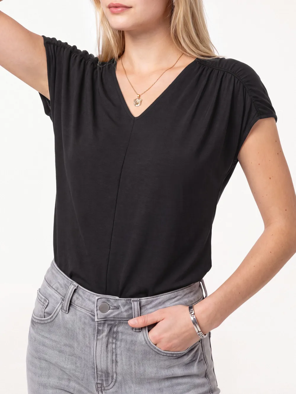 Modal Relaxed V-Neck Gathered Shoulder Top