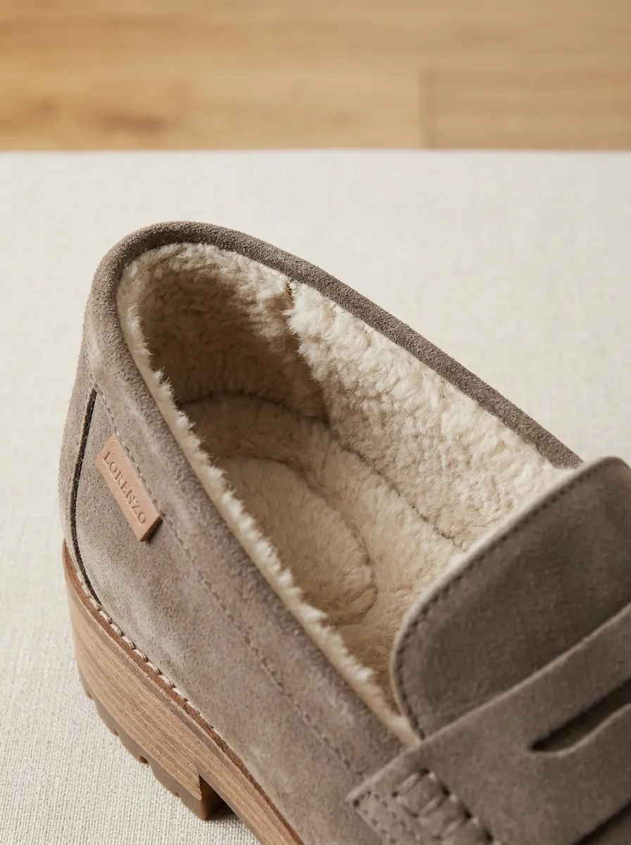Women's Relaxed Faux Fur Lined Suede Wood Sole Loafers