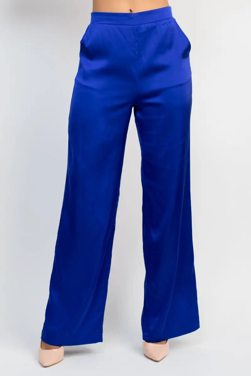 Mid Rise Straight Leg Satin Pants