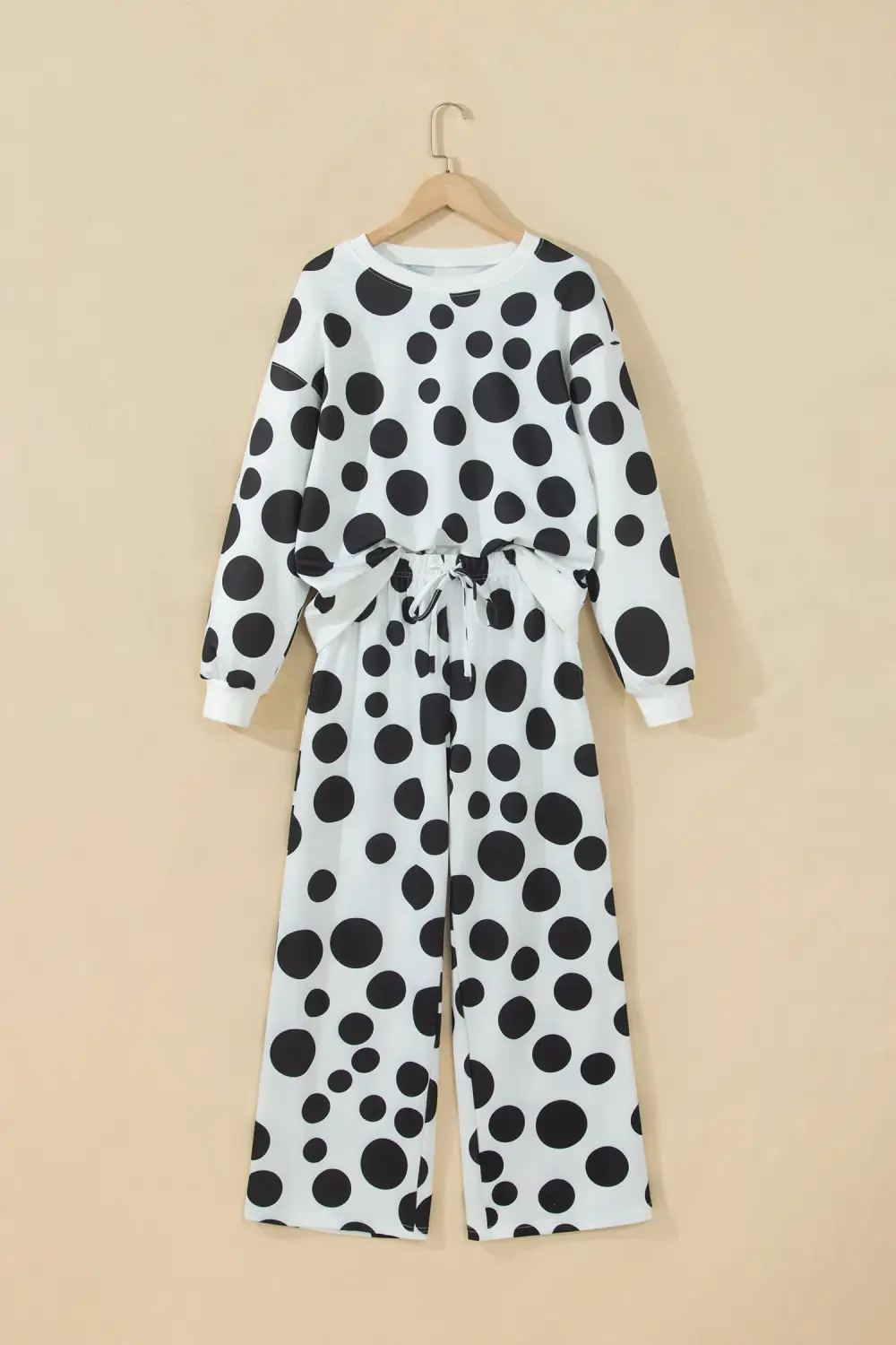 Women's Polka Dot Long Sleeve Top Drawstring Relaxed Pants Set