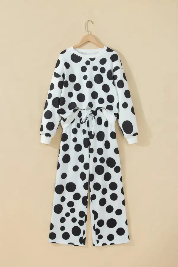 Women's Polka Dot Long Sleeve Top Drawstring Relaxed Pants Set