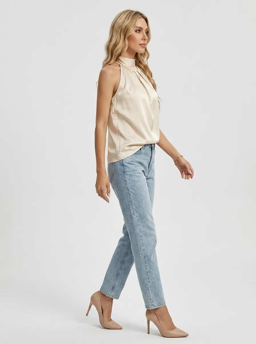 Satin Halter Neck Sleeveless Top