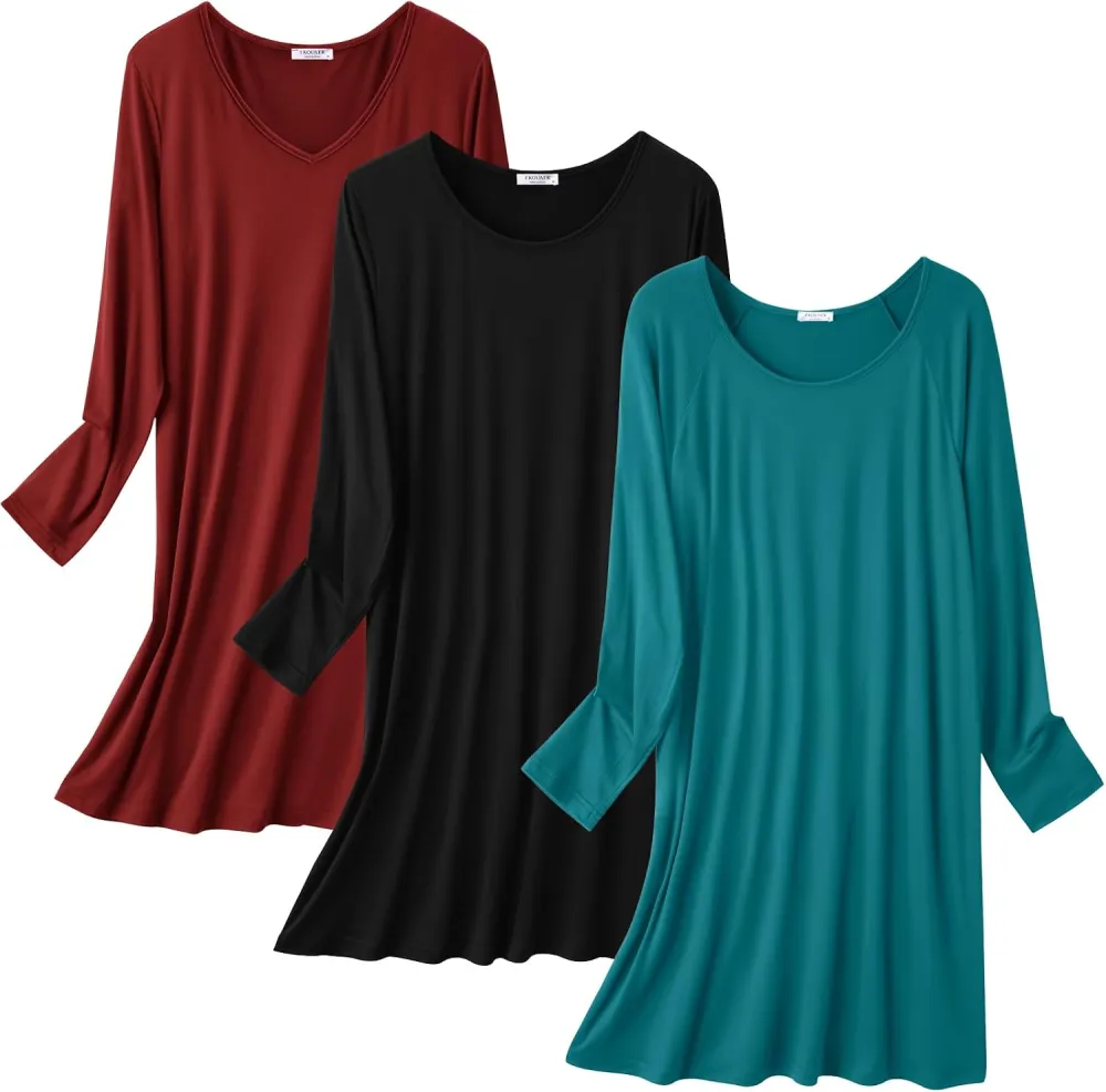 Ekouaer 3 Pack Long Sleeve Nightgowns for Women Casual Sleepwear Nightshirt
