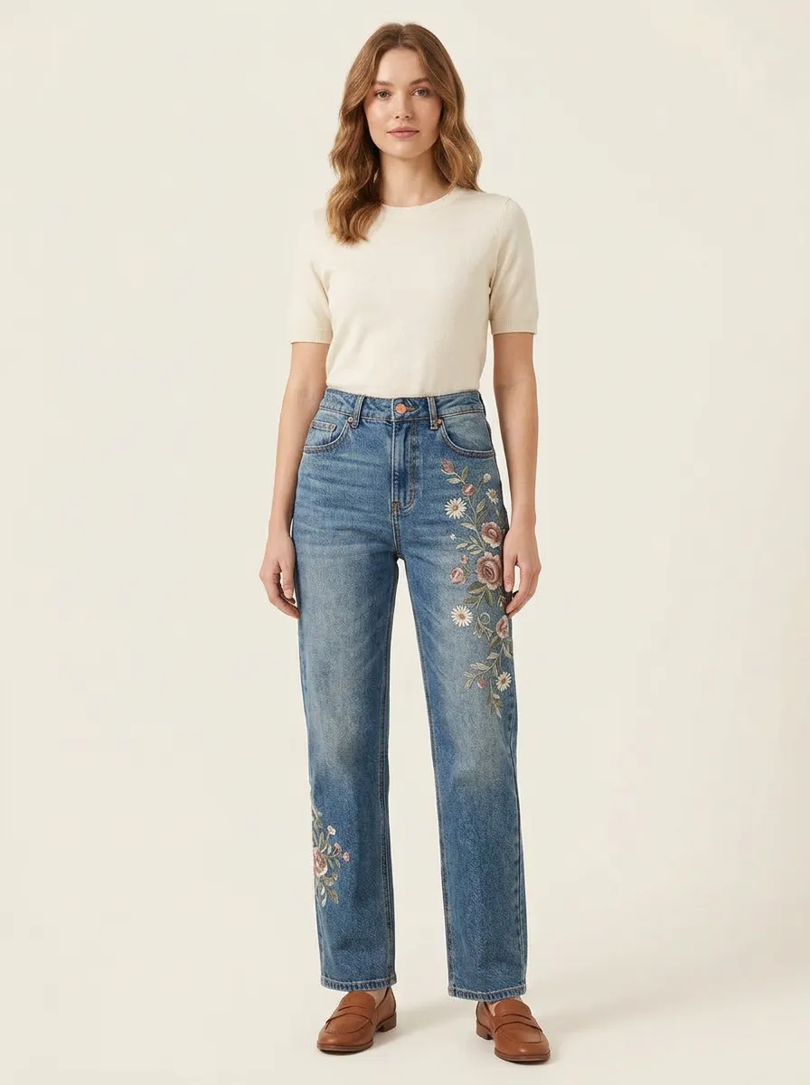 Women's Floral Lover Daisy Rose Embroidered Straight Leg Jeans
