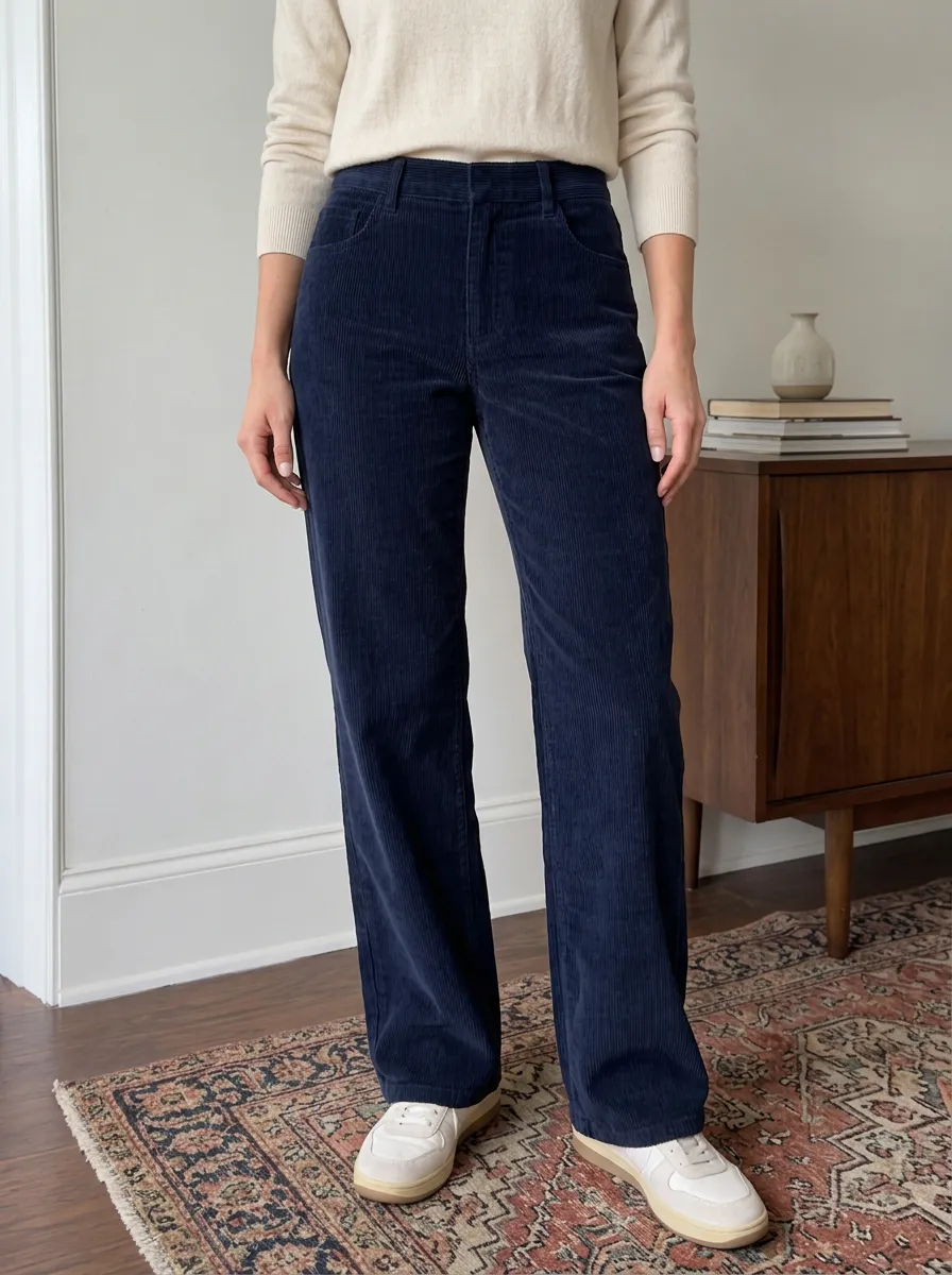 Women's Casual Fall Fashion Navy Blue Corduroy Wide Leg Pants