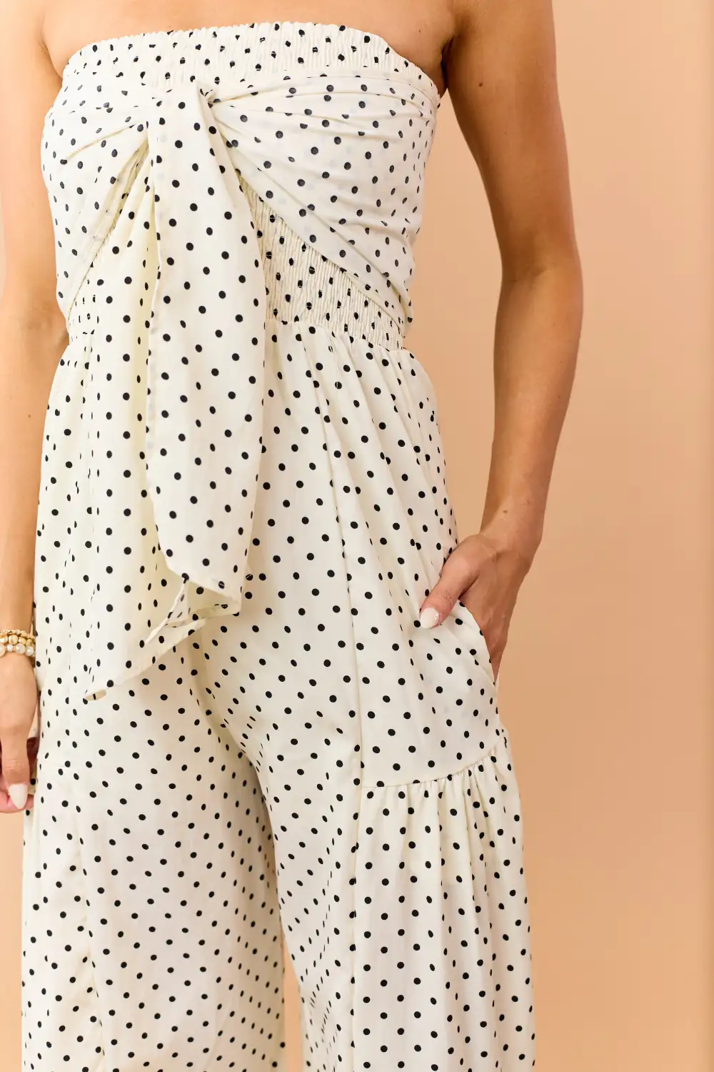 Cream Polka Dot Strapless Front Tie