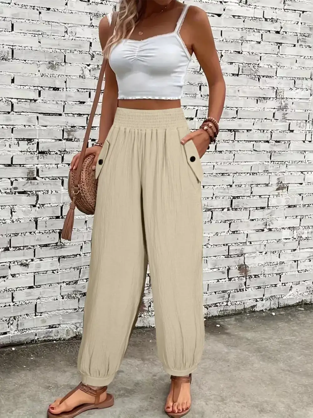 Smocked Waist Textured Casual Everyday Pants