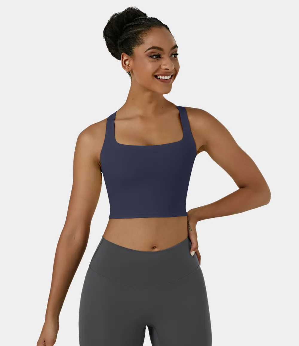 Softlyzero Airy Square Neck Backless Crisscross Cropped Cool Touch Yoga Tank Top-UPF50+