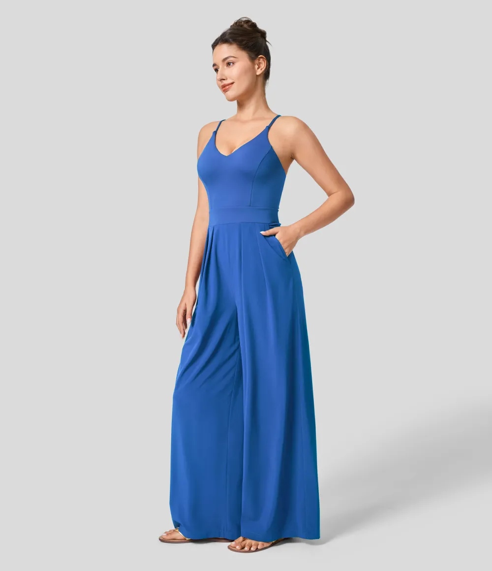 Breezeful Backless Side Invisible Zipper Pocket Wide Leg Quick Dry Resort Slip Jumpsuit