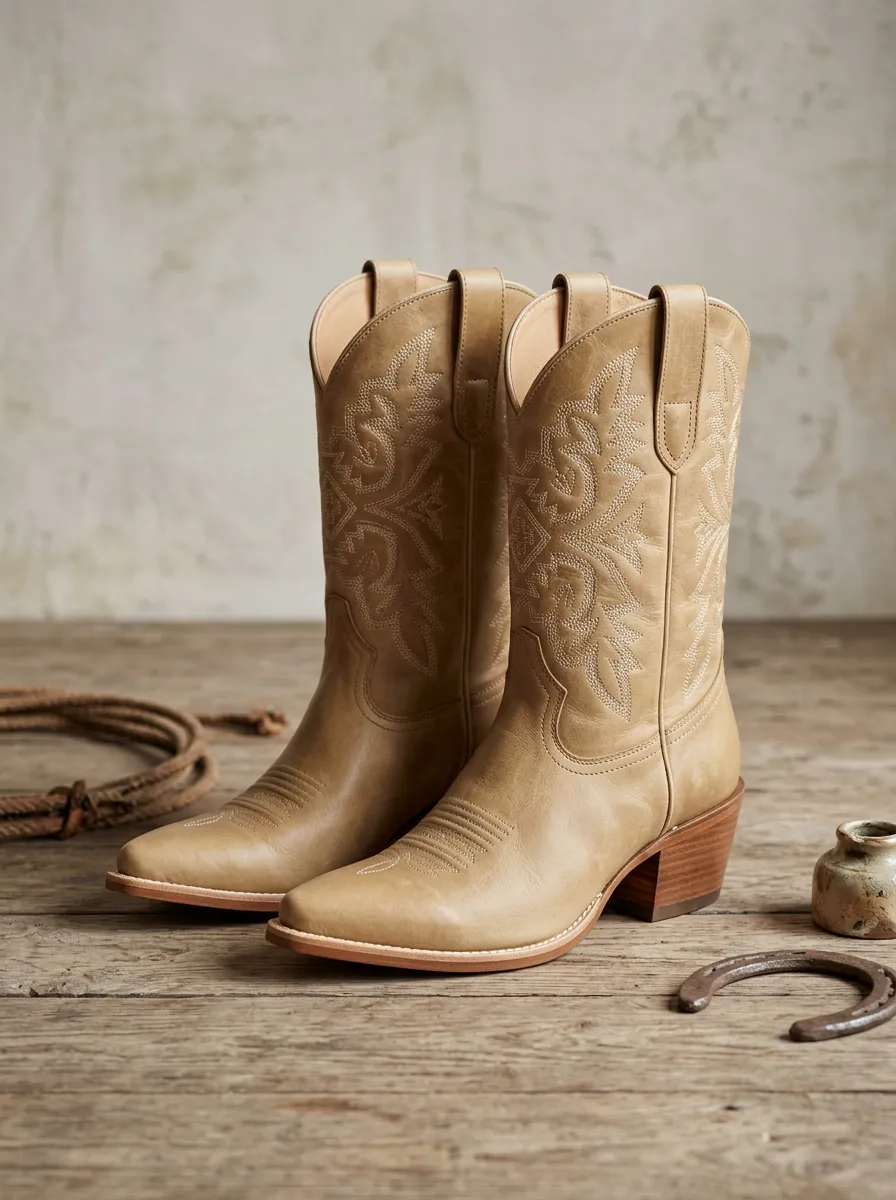 Unisex Trail-Inspired Western Cowboy Embroidered Tan Leather Boots