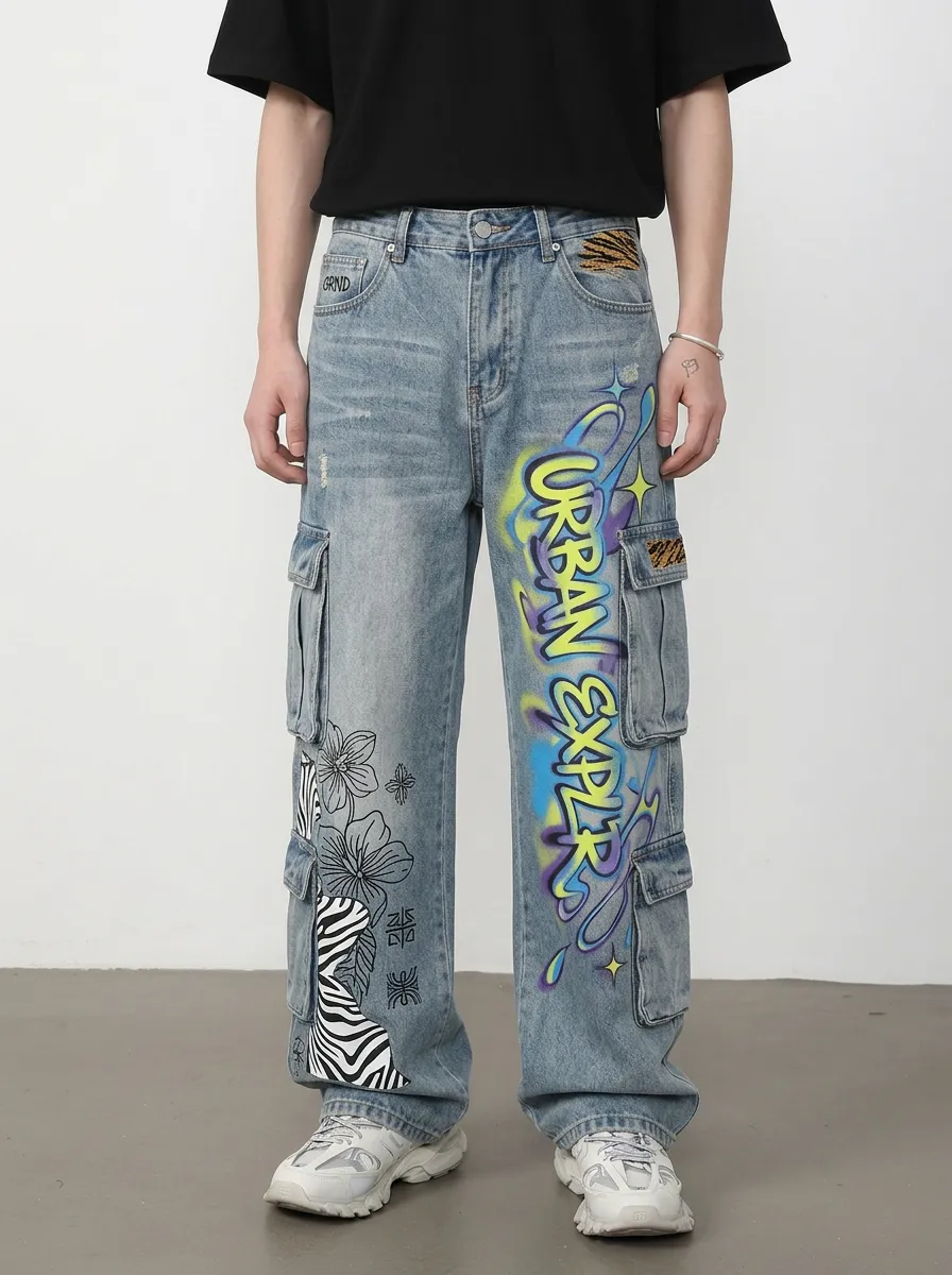 Men's Urban Explorer Graffiti Zebra Floral Graphic Cargo Jeans