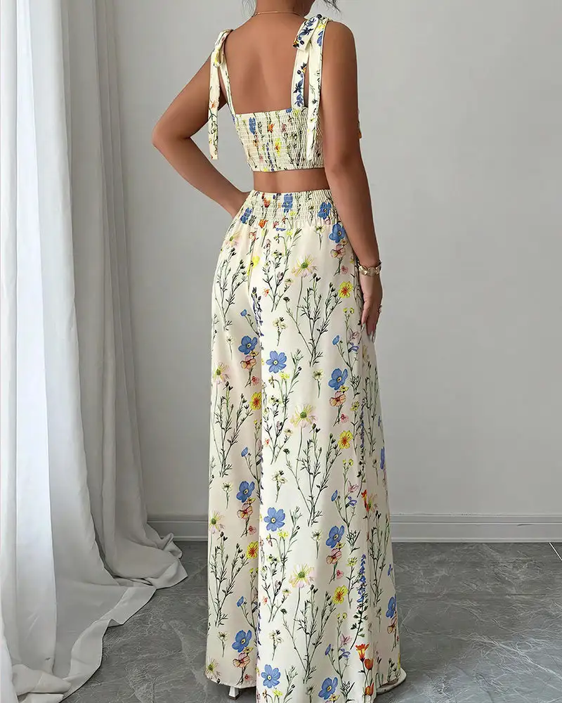 Summer Bloom Tie-Strap Crop Top and Wide Leg Pants Set